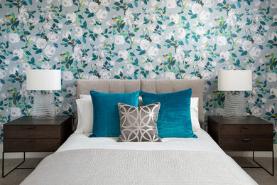 Inspiration for a mid-sized modern guest carpeted and gray floor bedroom remodel in Vancouver with blue walls