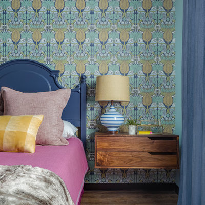 Bedroom - mid-sized eclectic guest dark wood floor bedroom idea in San Francisco with blue walls