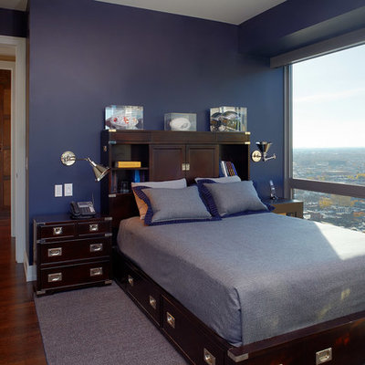 Bedroom - contemporary dark wood floor bedroom idea in Philadelphia with blue walls