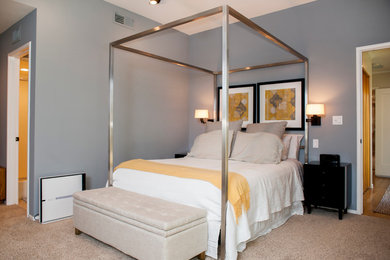 На фото: гостевая спальня среднего размера, (комната для гостей) в современном стиле с синими стенами
