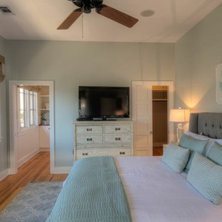 Modelo de dormitorio principal, costero, de tamaño medio, con paredes verdes y suelo de madera en tonos medios
