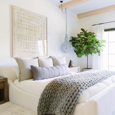 Example of a beach style master bedroom design in Nashville with white walls and no fireplace