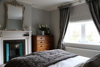 Inspiration for a classic master bedroom in Other with grey walls, carpet and white floors.