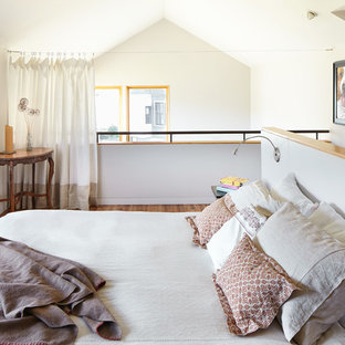 Esempio di una piccola camera da letto stile loft design con pareti grigie e parquet chiaro