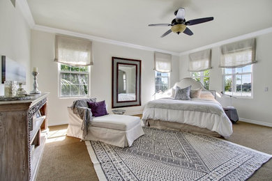 Bedroom - large eclectic master carpeted bedroom idea in San Diego with white walls