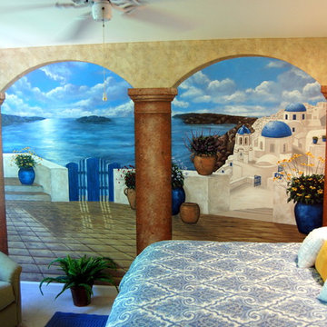 Santorini Greece Mural in a bedroom by Tom Taylor of Mural Art LLC, hand-painted