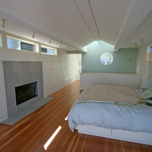 Imagen de dormitorio principal, moderno, de tamaño medio, con paredes blancas, suelo de madera en tonos medios, chimenea tradicional y marco de chimenea de piedra