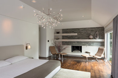 ヒューストンにある広いコンテンポラリースタイルのおしゃれな主寝室 (白い壁、無垢フローリング、標準型暖炉、石材の暖炉まわり、アクセントウォール) のインテリア