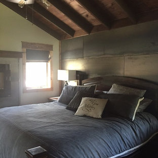 Imagen de dormitorio tipo loft, rural, de tamaño medio, con paredes grises, suelo de madera en tonos medios, chimenea tradicional, marco de chimenea de metal y suelo marrón