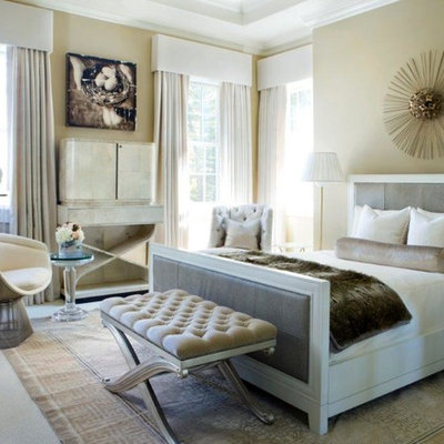 Example of a large transitional master carpeted and beige floor bedroom design in Chicago with beige walls