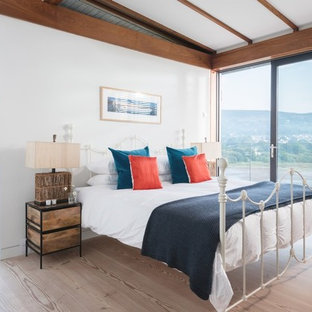 This is an example of a medium sized coastal bedroom in Other with white walls, light hardwood flooring and brown floors.