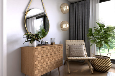 Modelo de habitación de invitados minimalista de tamaño medio con paredes grises, suelo de madera en tonos medios y suelo marrón