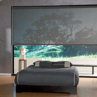 Cette image montre une grand chambre parentale design avec un mur gris, sol en stratifié, aucune cheminée et un sol orange.