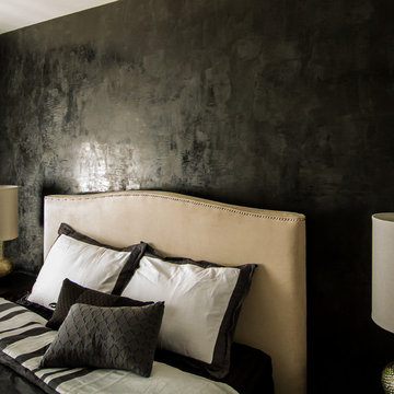 Sherman Oaks Condo, black venetian plaster wall, black bedding, black bedroom