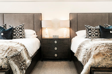 ソルトレイクシティにある広いコンテンポラリースタイルのおしゃれな客用寝室 (カーペット敷き、暖炉なし、グレーの床) のインテリア