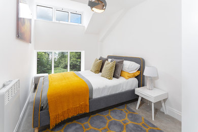 チェシャーにあるコンテンポラリースタイルのおしゃれな寝室 (白い壁、カーペット敷き、グレーの床) のレイアウト