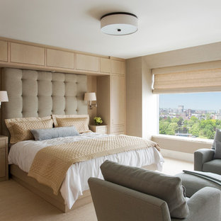 Bedroom - large contemporary master carpeted bedroom idea in Boston with beige walls
