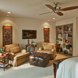 Elegant carpeted bedroom photo in Dallas with beige walls