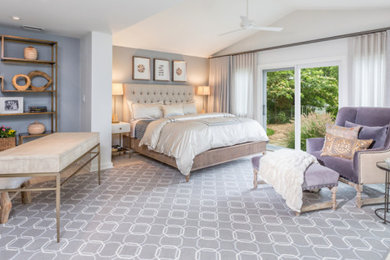 Example of a large transitional master bedroom design in DC Metro with gray walls