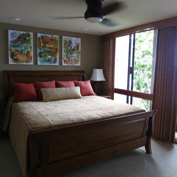 Sliding woven wood treatments in a vacation rental...
