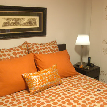 Small Guest Bedroom, highlighting the colors orange and expresso finish