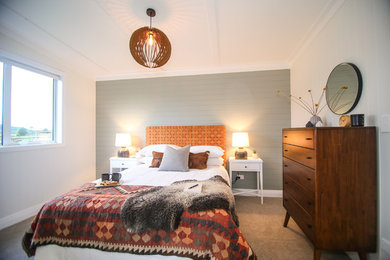 ハミルトンにある中くらいなエクレクティックスタイルのおしゃれな主寝室 (カーペット敷き)