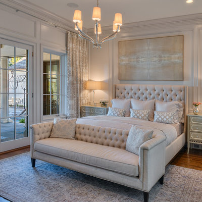 Bedroom - mid-sized transitional master dark wood floor bedroom idea in Other with gray walls