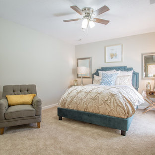 Example of a mid-sized transitional master carpeted and beige floor bedroom design in Charlotte with beige walls and no fireplace