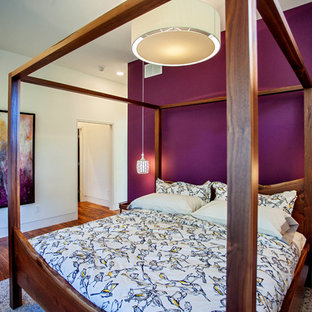 Diseño de dormitorio principal, moderno, de tamaño medio, con paredes púrpuras y suelo de madera en tonos medios