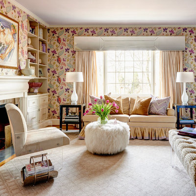 Example of a classic master bedroom design in Charlotte with multicolored walls and a standard fireplace