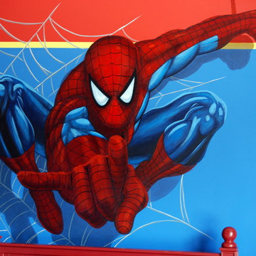 Spiderman Superhero Murals in a boys bedroom. Hand painted by Tom Taylor of Mura