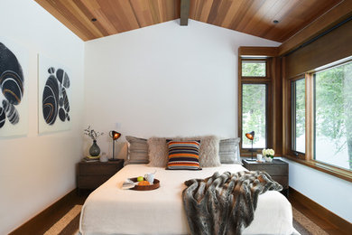 Example of a mountain style master medium tone wood floor and brown floor bedroom design in Other with white walls