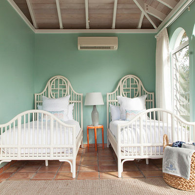 Small island style guest terra-cotta tile and orange floor bedroom photo in Other with green walls and no fireplace