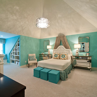Elegant carpeted bedroom photo in Louisville with blue walls