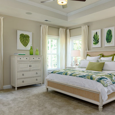 Example of an island style master carpeted and gray floor bedroom design in Other with beige walls