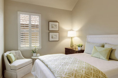 Large traditional guest bedroom in Austin with beige walls, carpet, no fireplace and white floors.