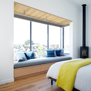 Modernes Schlafzimmer mit weißer Wandfarbe, braunem Holzboden und Kaminofen in San Francisco
