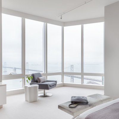 Bedroom - large contemporary master laminate floor and white floor bedroom idea in San Francisco with white walls and no fireplace