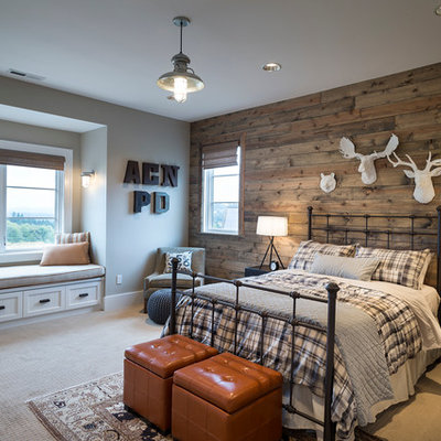 Trendy carpeted bedroom photo in Portland with brown walls
