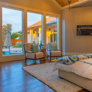 Modelo de dormitorio principal, tradicional renovado, grande, con paredes grises, suelo de madera en tonos medios, chimenea de doble cara y marco de chimenea de baldosas y/o azulejos