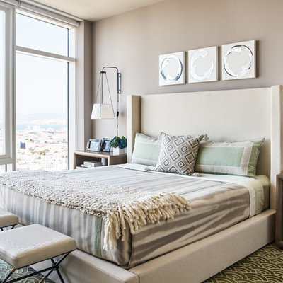 Bedroom - contemporary master carpeted bedroom idea in San Francisco with brown walls