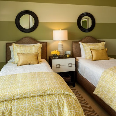 Mid-sized trendy guest carpeted bedroom photo in Portland with multicolored walls and no fireplace