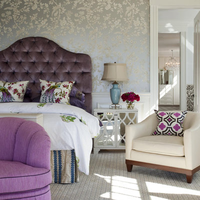 Elegant bedroom photo in Boston with gray walls