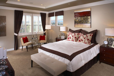Example of a large transitional master carpeted bedroom design in San Francisco with beige walls