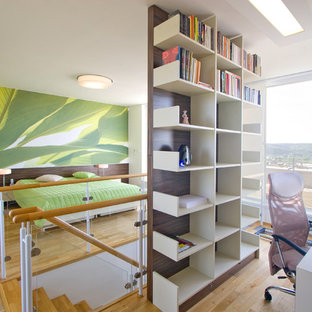 Foto de dormitorio tipo loft, contemporáneo, sin chimenea, con paredes blancas y suelo de madera clara
