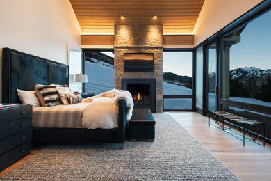 デンバーにある巨大なコンテンポラリースタイルのおしゃれな主寝室 (淡色無垢フローリング、標準型暖炉、石材の暖炉まわり、ベージュの壁、茶色い床、照明、グレーとブラウン) のレイアウト
