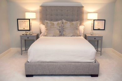 Example of a transitional guest carpeted bedroom design in Other with gray walls