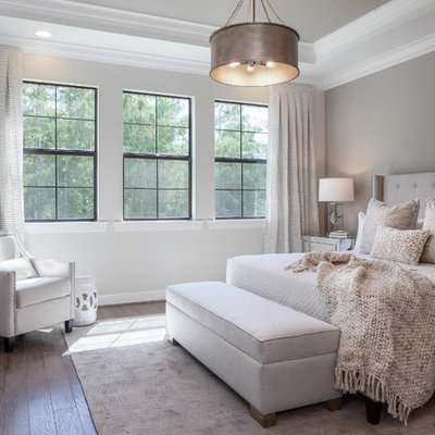 Inspiration for a transitional medium tone wood floor and brown floor bedroom remodel in Other with gray walls