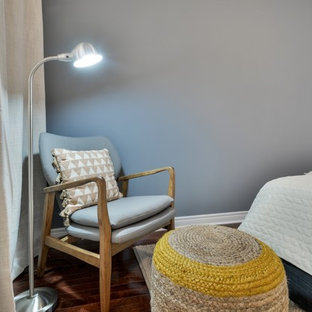 Ejemplo de dormitorio principal, contemporáneo, de tamaño medio, con paredes grises, suelo de madera oscura y suelo rojo