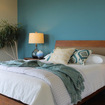 Teal Blue Wall, Ikat Pillows, Seeded Glass Lamps